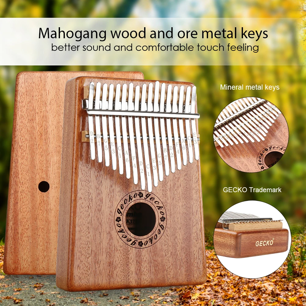 Gecko-17 Keys Kalimba Thumb, Imported Solid Mahogany Body, Musical Instrument with EVA bag Learning Book, Tune Hammer, K17M