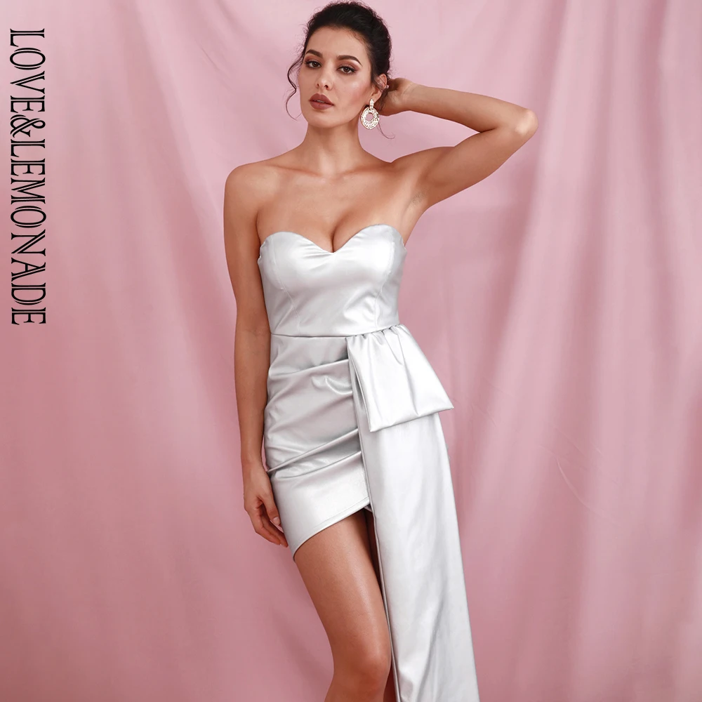 LOVE&LEMONADE Sexy Silver Bandeau V-Neck Double Streamers Cross PU Material Mini Party Dress LM82017 autumn/winter