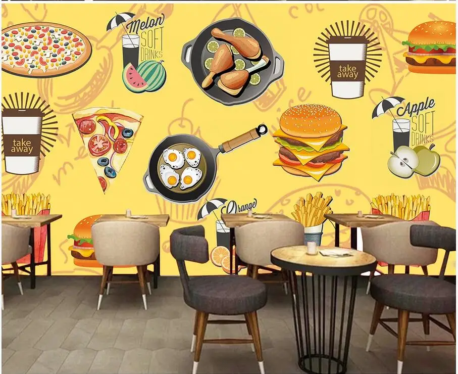 

Custom photo 3d wallpaper Hand drawn burger fast food western restaurant room decor 3d wall murals wallpaper for walls 3 d