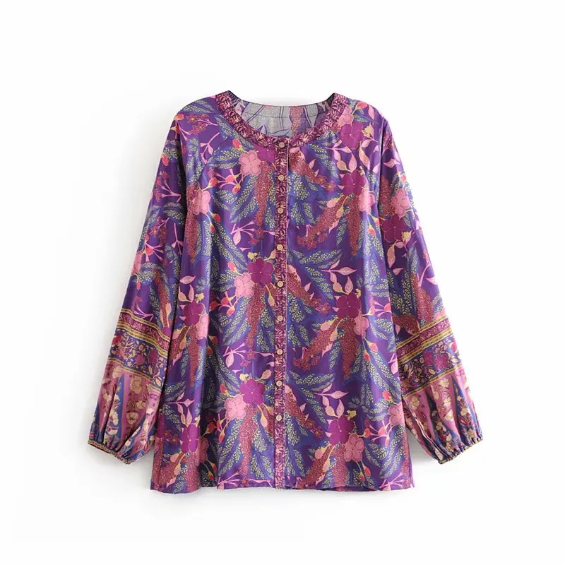 Everkaki, блузка, топы, женские рубашки, Boho, цветочный принт, осенняя, свободная, Круглый ворот, Ретро стиль, для девушек, шикарные блузки, Топ для женщин,, новая мода