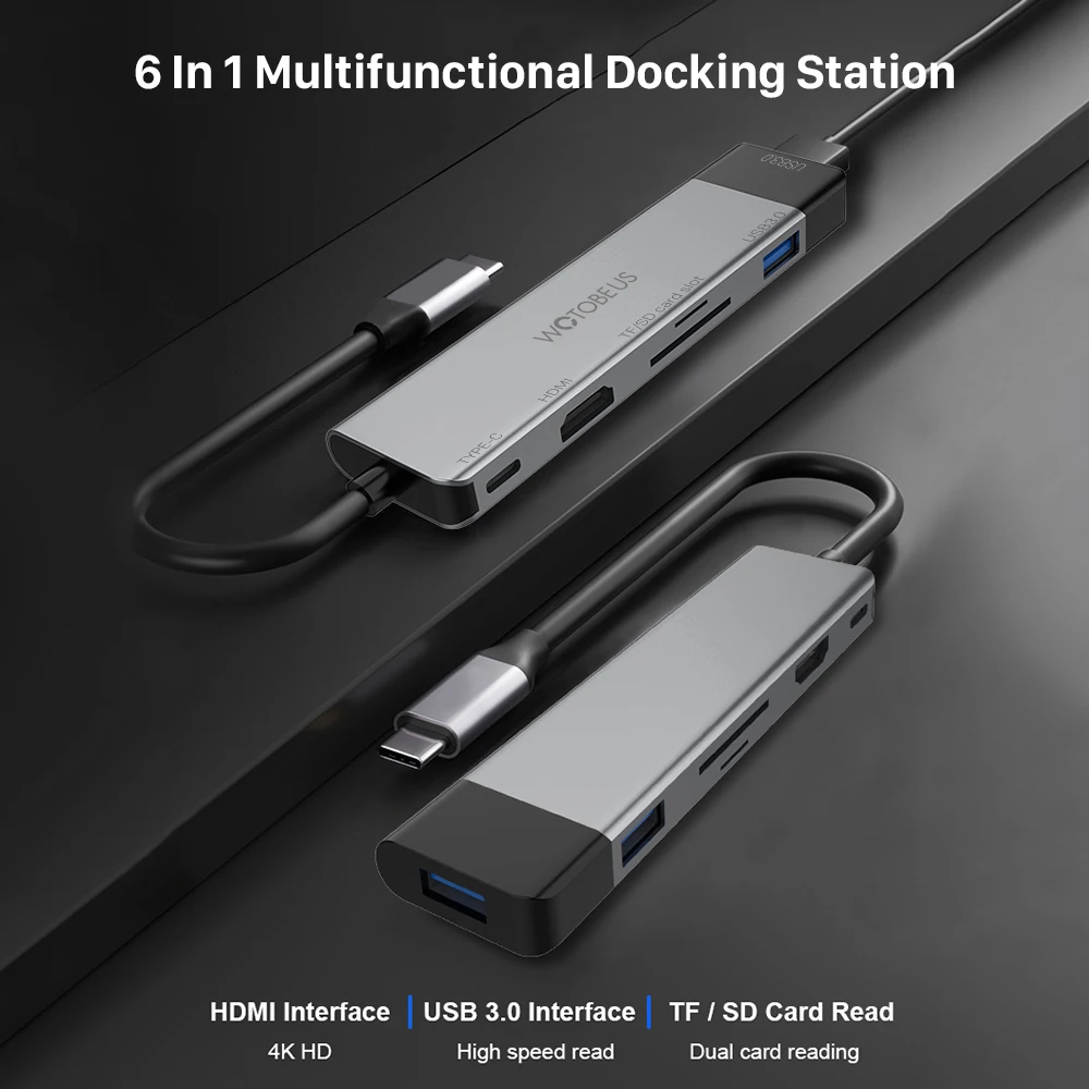 WOTOBE 6-in-1 USB Type C HUB Docking Station to HDMI Compatible USB 3.0 Type-C Adapter HUB For MacBook Samsung Huawei