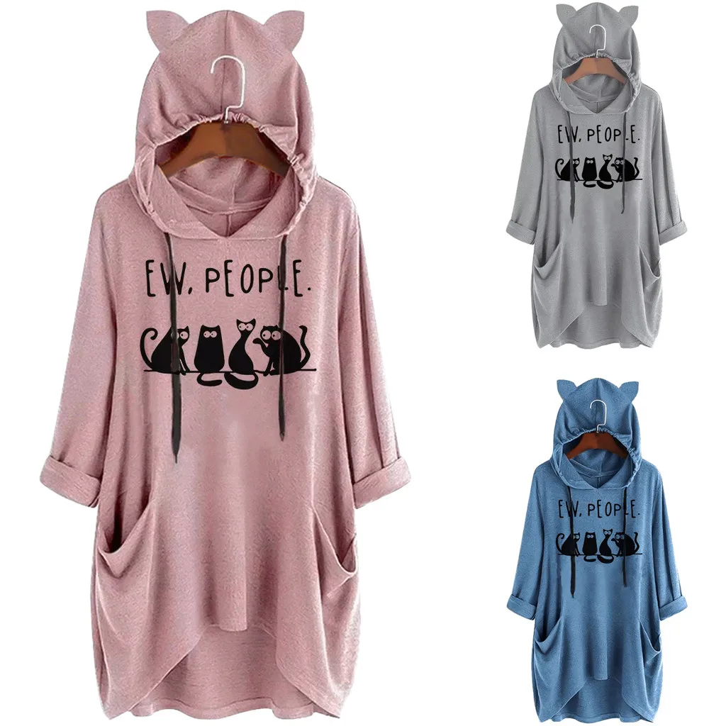 Plus Size Women Hoodies kawaii Cat Ears Hooded Sweatshirt Casual Loose With Pockets Hoody Pullover Long Sleeve Printed Sudadera