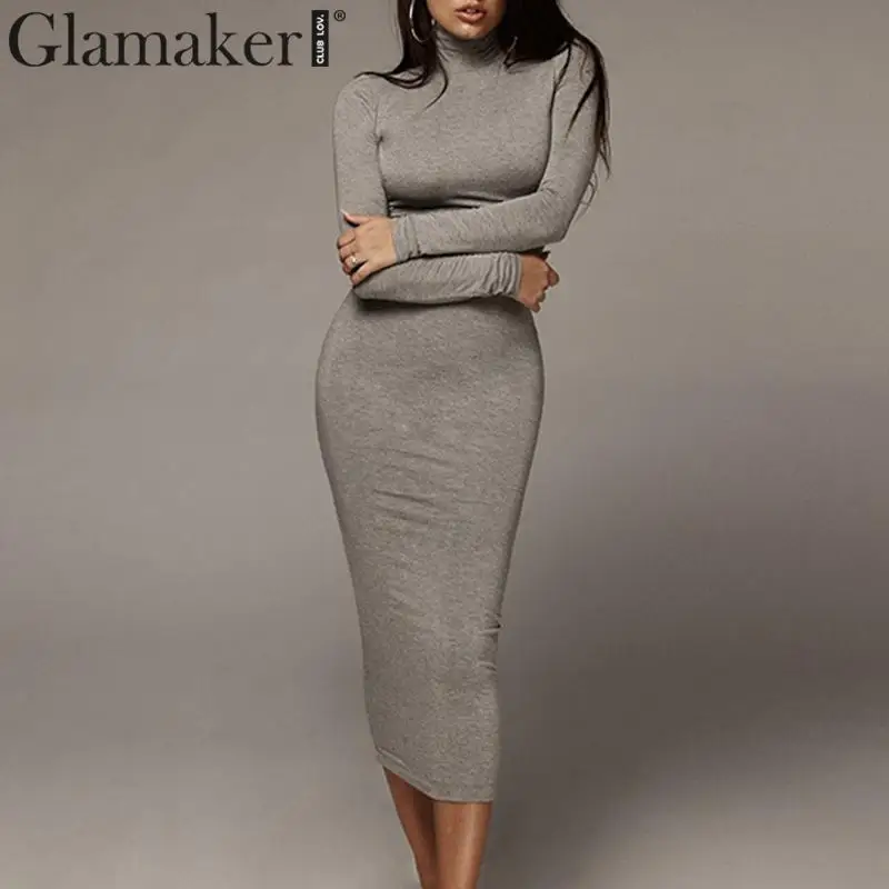 

Glamaker Turtleneck office black pencil dress Women long sleeve spring bodycon dress Sexy elegant party dress vestidos de fiesta