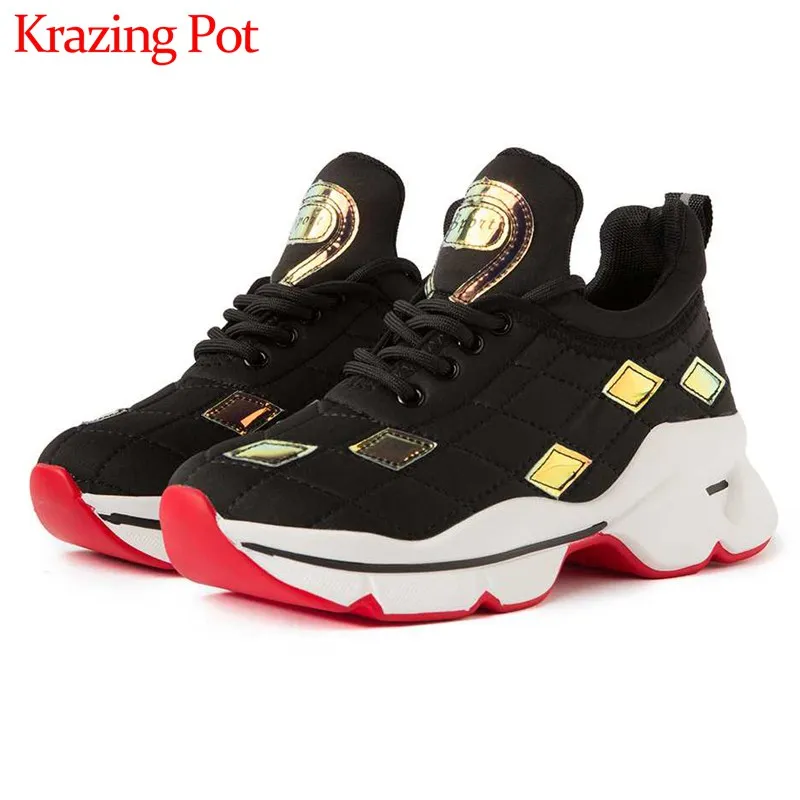 

Krazing pot breathable mixed colors bling maiden sneaker round toe lace up thick bottom leisure style women vulcanized shoes L15