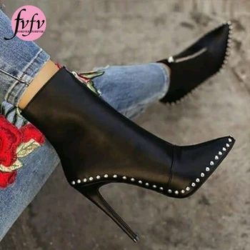 

[FVFV]2020 Fashion Women Heels Ankle Rivets Fetish Sock Boots Stiletto Heels Boots Studded Scarpins White Stripper Shoes