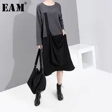 [EAM] женское платье контрастного цвета с разрезом, новинка, круглый вырез, длинный рукав, свободный крой, Мода весна-осень 1K930