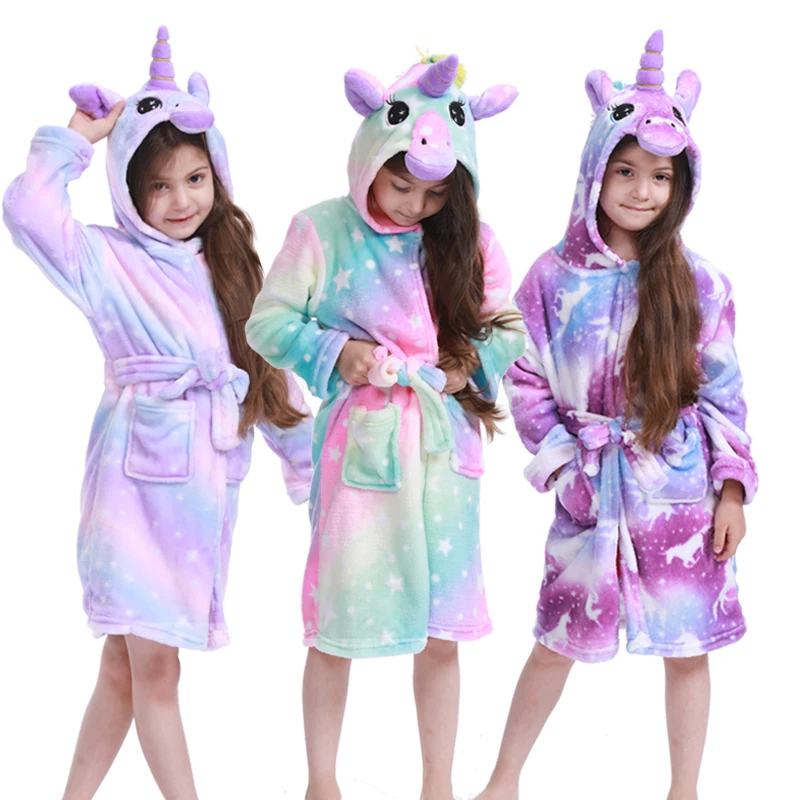 

Children Bathrobe for Girls Kigurumi Unicorn Pyjamas Kids Colar Fleece Boys Bathrobes Nightgown Baby Sleepwear Hoodie Bath Robe