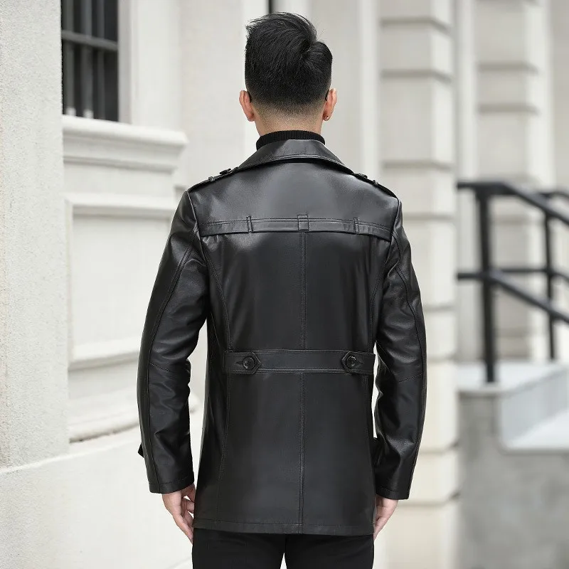 Brand Business Genuine Leather Coat Men Casual Sheepskin Single Breasted Blazer Luxury Winter Black Windbreakers Plus Size 4XL