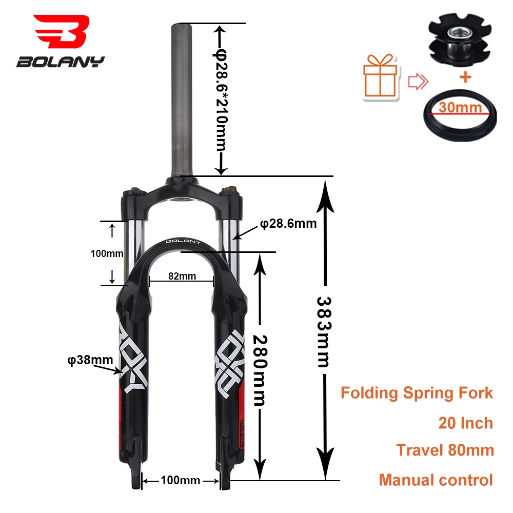 

BOLANY Folding Bike Suspension Fork 80mm 20 Inch Straight Tube BMX Kids' Bikes Disc Brake Spring Forks For Bicycle Accessories