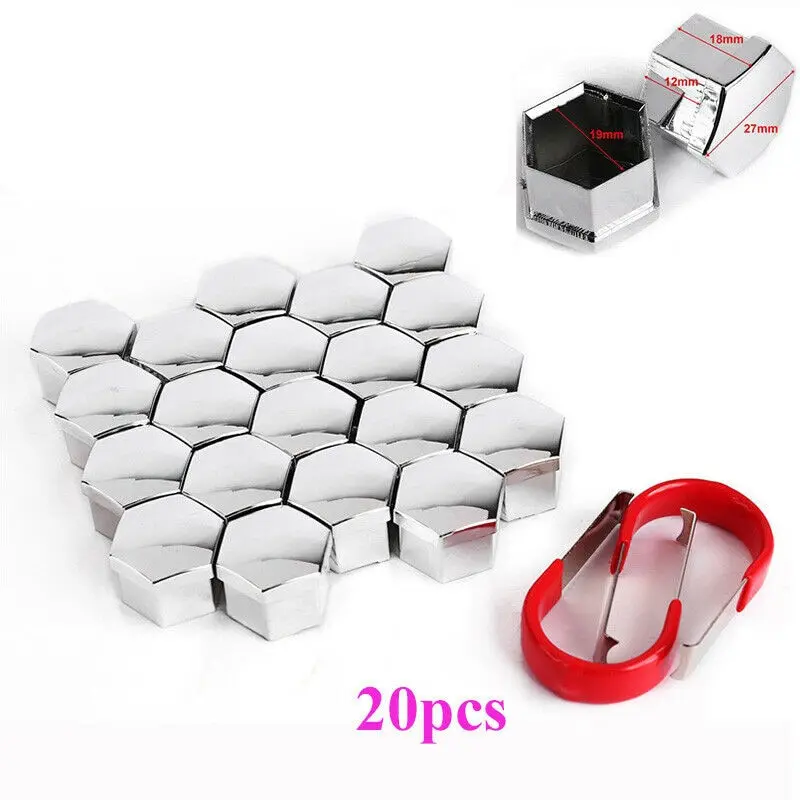 20pcs 19mm Chrome Silver Car Wheel Nut Bolt Head Cover Cap Exterior Decoration Protective Bolt Caps + 2pcs Clips Removal Tool