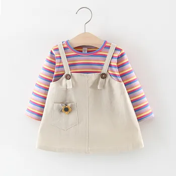 

Toddler Baby Kids Girls Rainbow Striped Floral Patchwork Dress Casual Clothes Cotton Soft Long Sleeve Kids Dresses For Girls