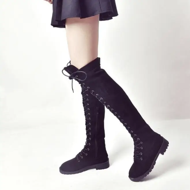 Пикантные сапоги; Botas de encaje sobre la rodilla Botas de estilo Roma mujeres pisos zapatos para mujer de ante Botas largas Botas de invier