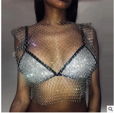 Прозрачные стразы, сексуальный укороченный топ, Camisetas verano mujer,, летние топы, прозрачные бриллианты, пляжный топ, ажурная футболка - Цвет: Gold O