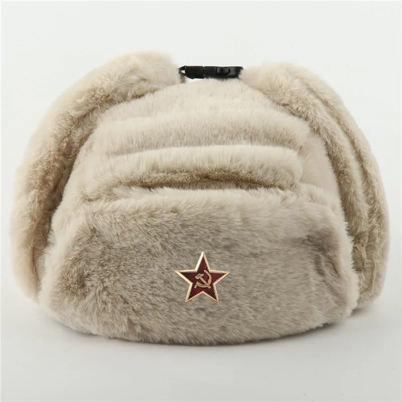 sheepskin flying hat CAMOLAND Women Winter Hats Warm Faux Fur Bomber Hat For Men Soviet Army Military Badge Caps Male Thermal Earflap Cap Russia Hat carhartt bomber hat Bomber Hats