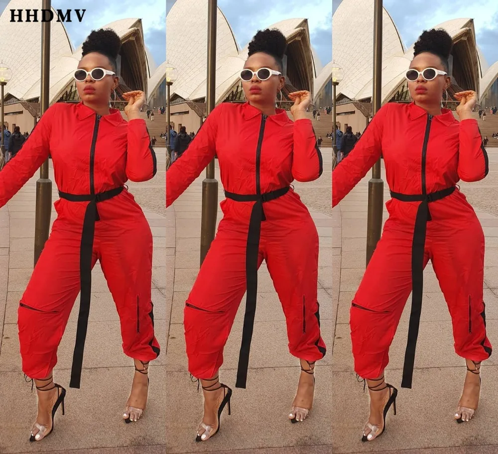 HHDMV XM10832 women casual tooling style jumpsuits long sleeve lapel zipper sashes pure color simple jumpsuits long pants