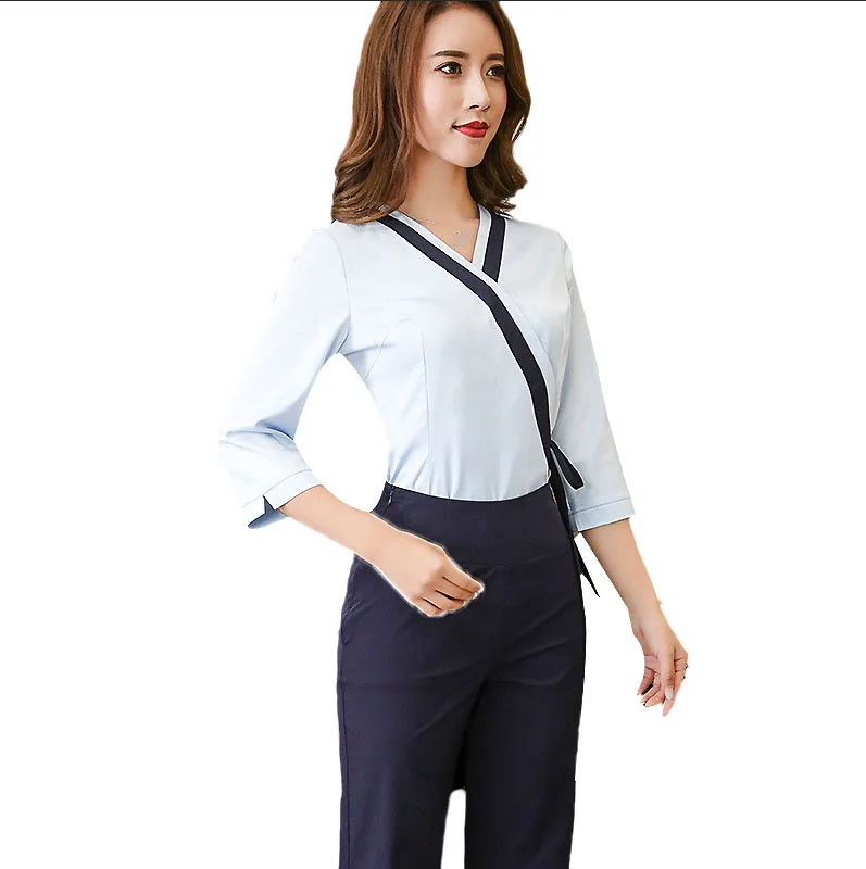 2pcs /Set Slim Fit Overalls Beautician Beauty Salon Work Clothing Health Museum SPA Technician Womens Elegant Quality Suit - Цвет: Blue