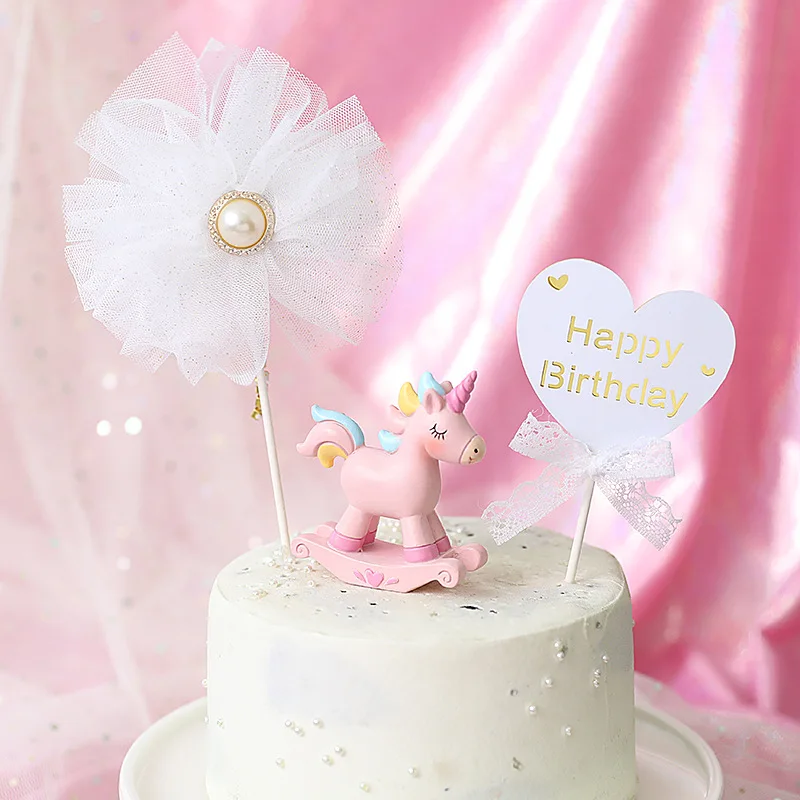 Romantic Mesh Pearl Lace Love Heart Theme Happy Birthday Cake Topper Wedding Valentine's Day Sweet 16 Party Decorations
