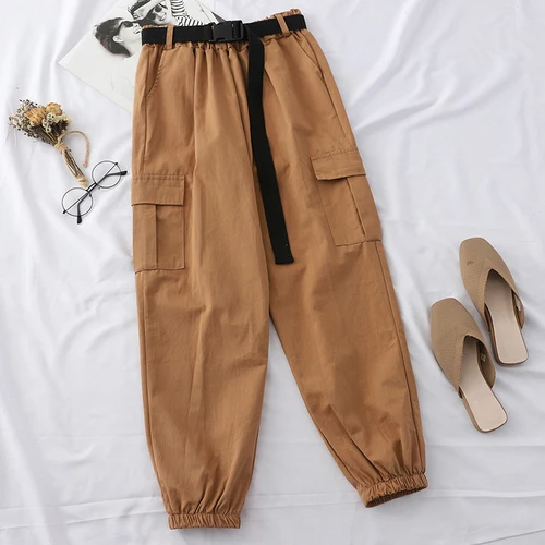 red khaki pants Neploe Harajuku уличные брюки карго Женские повседневные джоггеры спортивные штаны с высокой талией свободные женские брюки корейский пояс - Color: red khaki pants