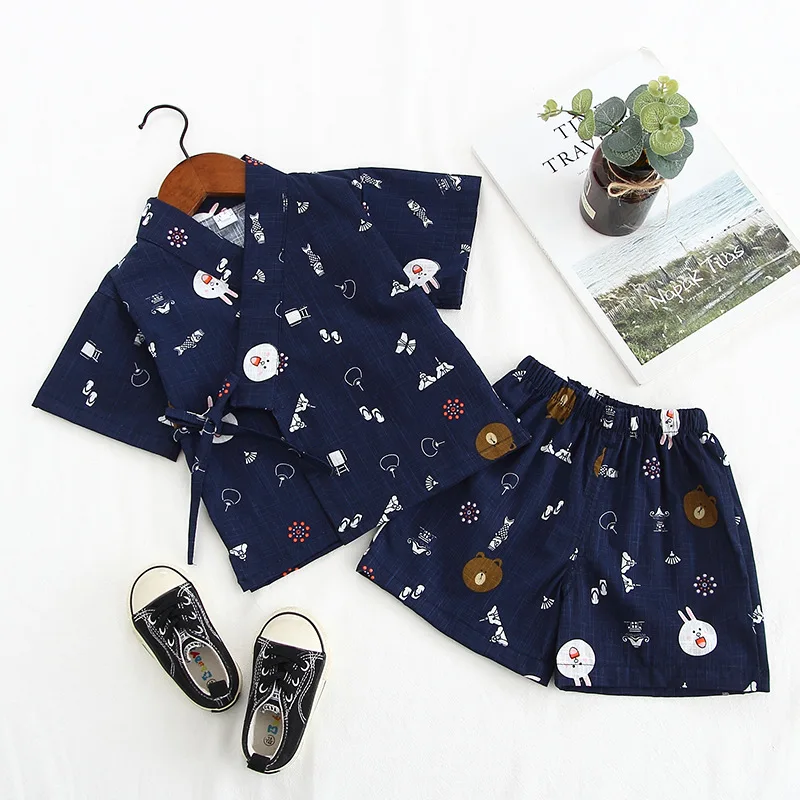 

Foreign Trade Childrenswear Korean-style Men And Women Summer Full Printed Bunny Bear Shorts Set Kimono Cotton Linen Bamboo Join