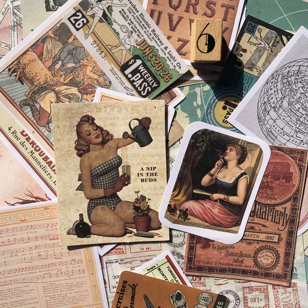 

Vintage Journey Of The Past Sexy Girl Poster Comic Label Old Newspaper Material Paper Earth Stamps Sticker DIY Scrapbooking
