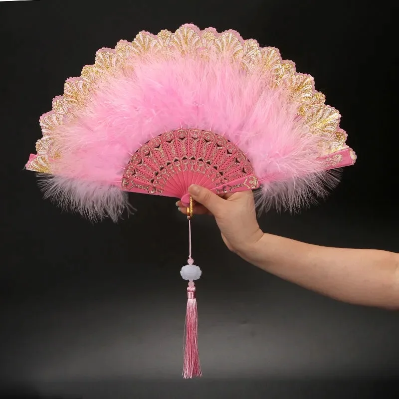 Lolita Feather Folding Fan Japanese Sweet Fairy Girl Dark Gothic Court Dance Hand Fan with Pendant Gift Wedding Party Decoration folding fan,hand fan,silk fans