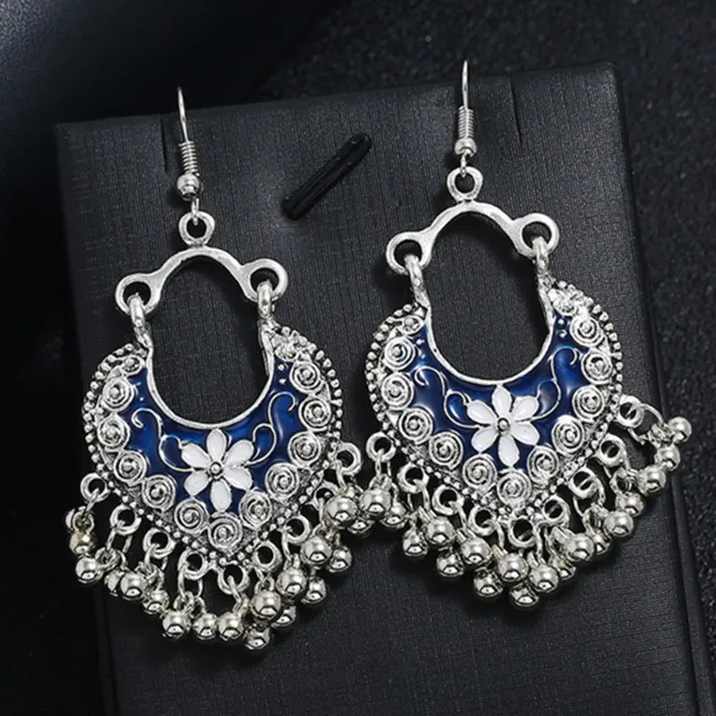 Индийские Jhumka серьги «Слоник» цыганские ювелирные изделия в стиле ретро этнические бусины в античном стиле висячие серьги с кисточками для женщин богемный подарок - Окраска металла: H blue