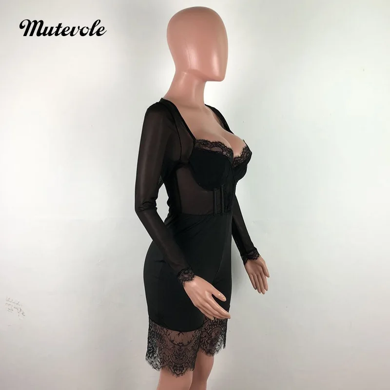 Mutevole, женский сексуальный прозрачный кружевной комбинезон, черный сетчатый короткий комбинезон с длинным рукавом, на молнии сзади, лоскутные Клубные вечерние комбинезоны