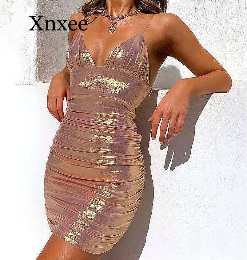 

girl dangcing beach sun bar Women Sexy Metal Color Mini Party Summer Pink Glitter Bodycon Dress Shiny Slim Backless Nightclub