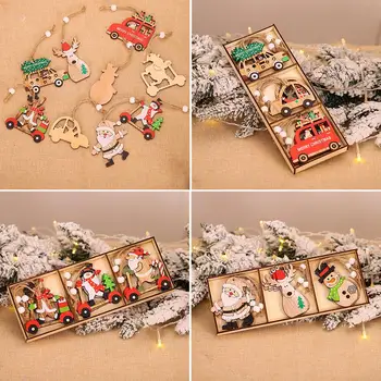 

9 Pcs/Set *Christmas Pendants Wooden Hanging Pendants Car Santa Xmas Tree Decorations For Kits Tableware Gifts