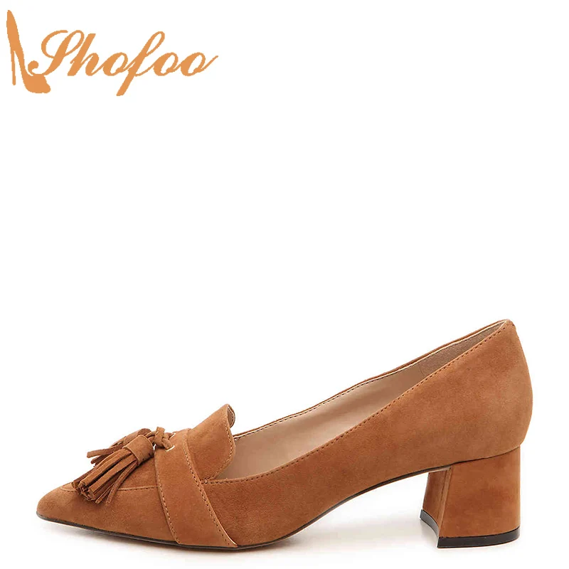 

Tan Pointed Toe High Chunky Heels Slip On Fringe Flock Pumps Large Size 11 15 Ladies Autumn Fashion Office Mature Shoes Shofoo