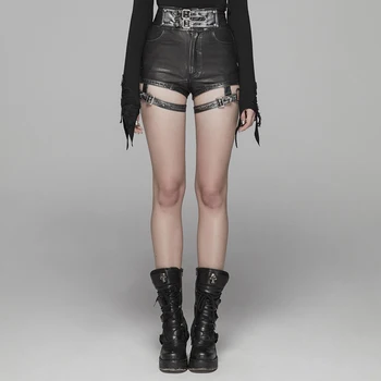 

PUNK RAVE Women's Handsome Punk PU Leather Shorts Personality Handsome Club Stage Performance Streetwear Black Trousers