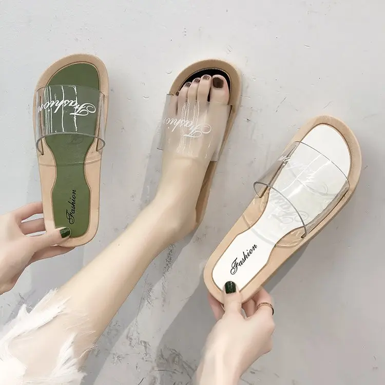 

South Korea Slipper Women's Summer Transparent A- line with Flat Outer Wear Beach Slippers Versitile Fashion Anti-slip Casual IN