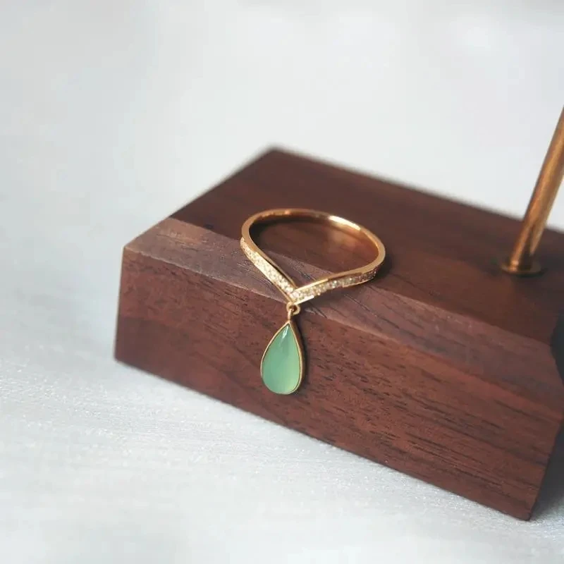 Qingshui Chalcedony Water Drop Ring S925 Sterling Silver Inlaid Diamond Female Color Gold Ice Jade Rose | Украшения и аксессуары