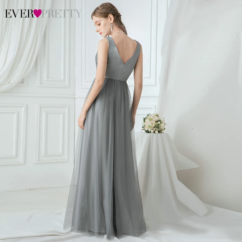 Grey Evening Dresses Ever Pretty A-Line Double V-Neck Sleeveless Appliques Tulle Elegant Long Party Gowns Abiye Gece Elbisesi