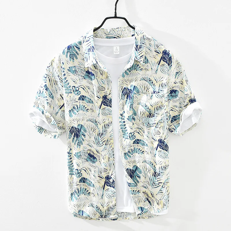 

3007 Men's Floral Print Linen Shirts Casual Summer Thin Square Collar Pocket Patchwork Slim Fit Short Sleeve Fresh Simple Tops