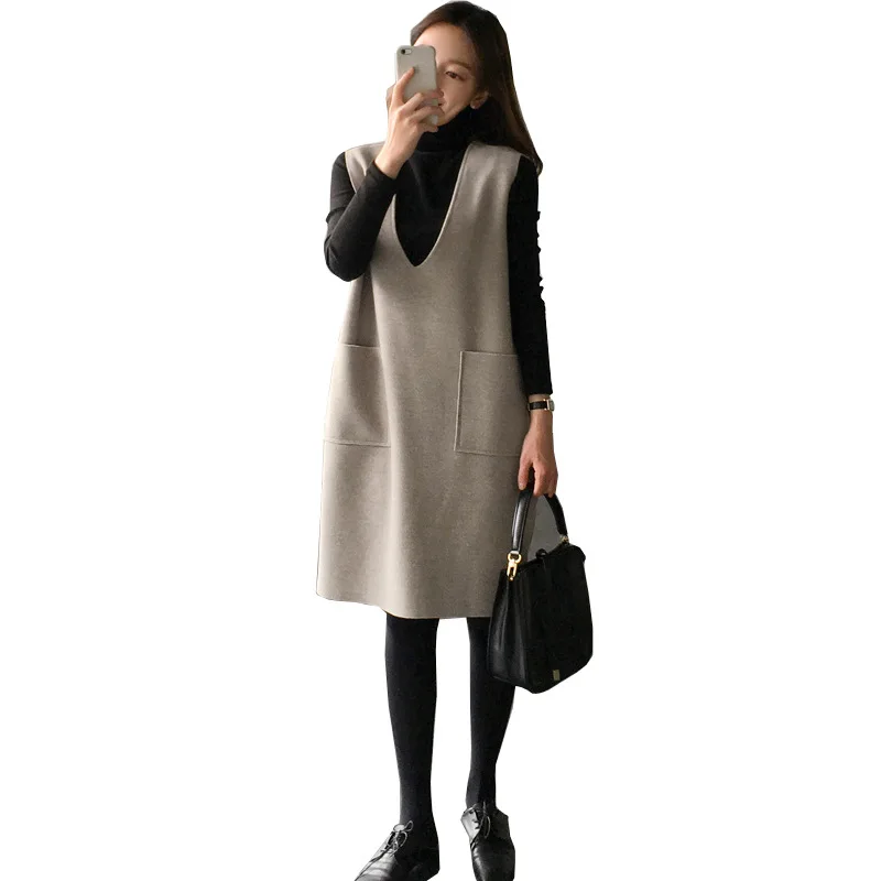 2PCS/Set Maternity loose woolen vest skirt+Black Knitted Maternity Bottoming Shirts New autumn winter Dress for Pregnant Women