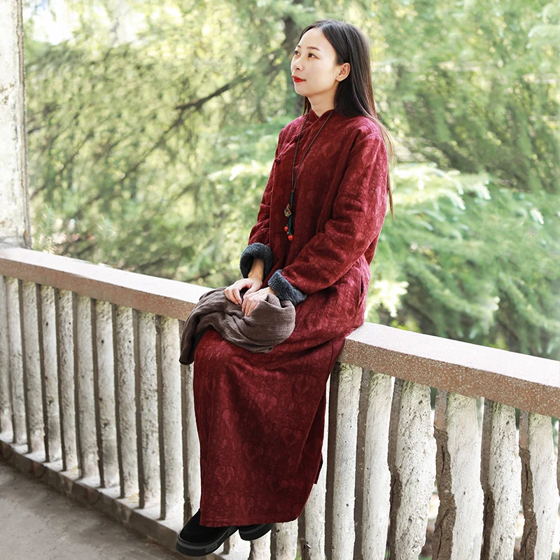 LZJN Chinese Dress Women 2019 Autumn Winter Long Sleeve Cheongsam Qipao Jacquard Fleece Lined Warm Thick Dress Robe Vestidos (24)