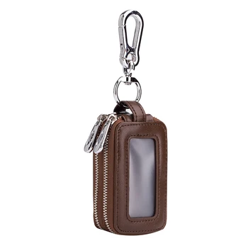 

Leather Home Car Key Case Double Pocket Zipper Mini Wallet Men and Women Keychain Transparent Pocket Dark Brown