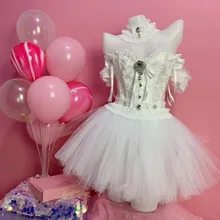 Fashion White Rhinestones Pearl Lace Bodysuit Skirt Outfit Set Birthday Dance Prom Outfit Bar Women Dancer Outfit Set