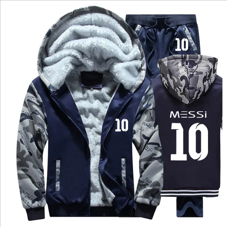 Зимняя мужская толстовка с капюшоном Messi 10 принт мужские s толстовки костюм толстый теплый флис хлопок спортивный костюм на молнии мужская куртка+ брюки комплекты из 2 предметов