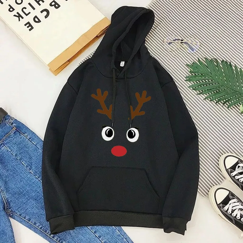 Christmas Print Sweatshirt Elk Printed Women Long Sleeve Christmas Hoodies Blouse Pullover Loose Street Tops jersey navidad