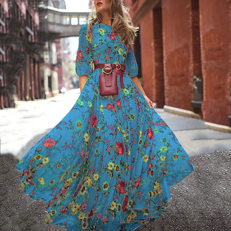 Женское платье макси с цветочным принтом в стиле бохо, большие размеры, с высокой талией и круглым вырезом, элегантные летние пляжные длинные платья, женские платья