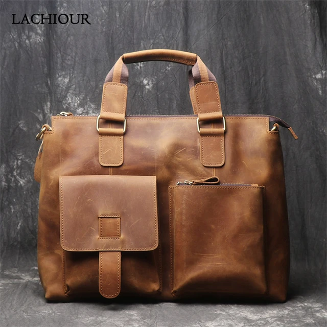 Luxury Men Genuine Leather Handbag Large Business Office A4 Bag Men Crazy  Horse Leather Messenger Bag Men's 14 Inch Laptop Bag