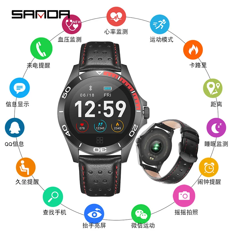 SANDA Ck21 Color Screen Smart Bracelet Multi-Sports Mode Heart Rate Blood Pressure Oxygen Multi-functional Leather Belt Watch