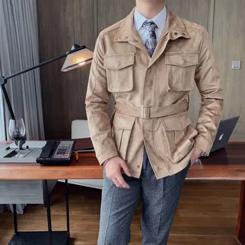 Chaqueta ajustada de estilo coreano para Hombre, cinturón elástico de cintura superior, chaqueta de moda de otoño, color caqui, gabardina negra