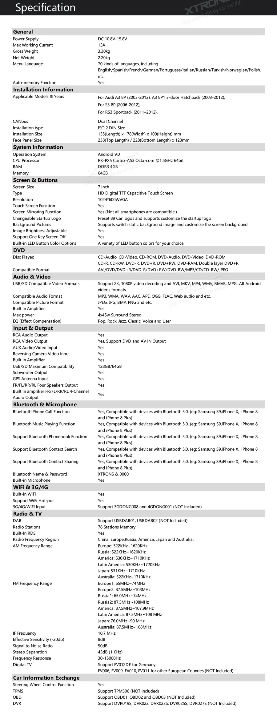 Best 7" Android 9.0 Car DVD Multimedia GPS Radio for Audi A3 2003-2012 & S3 2006-2012 & RS3 2011-2012 with Wi-Fi BT 4GB RAM 64GB ROM 27