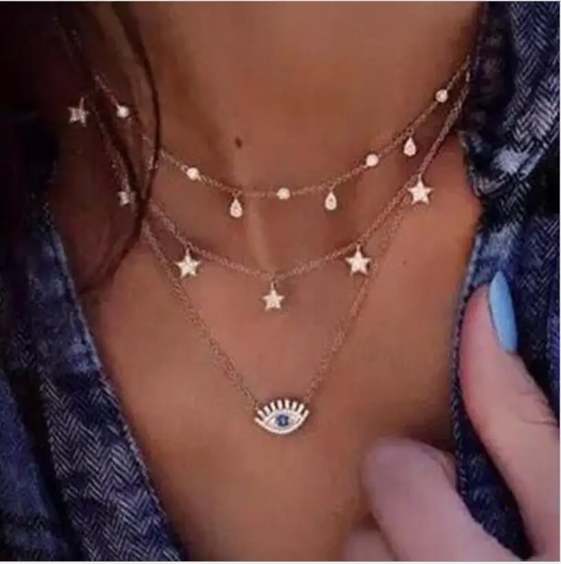 

Boho Vintage Multi Layered Crystal Turkish Eye Star Fashion Pendant Choker for Women Gifts Wholesale S2322
