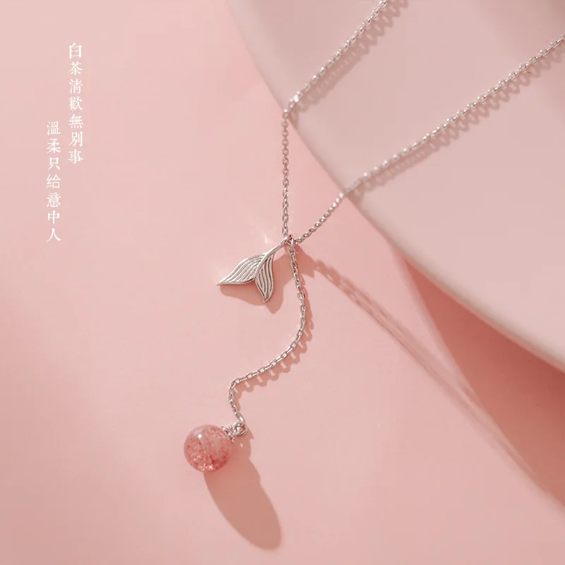 

S925 Silver Strawberry Crystal Fishtail Necklace Simple Sweet Fresh MORI Series INS Non-mainstream Choker Korean-style Accessori