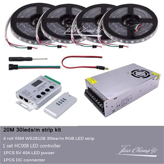 20M Kit WS2812 30 светодиодный/м индивидуально адресуемый Смарт RGB светодиодный полосы+ HC008 Программируемый RGB светодиодный контроллер пикселей+ 5 В Комплект трансформатора - Испускаемый цвет: 20M Kit