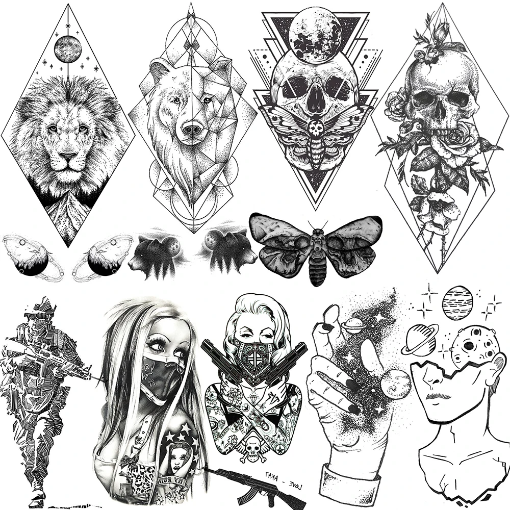 Diamond Lion Temporary Tattoos For Men Gangster Geometric Tatoos Death Skull Minimalist Planet Moth Star Warrior Fake Tattoo